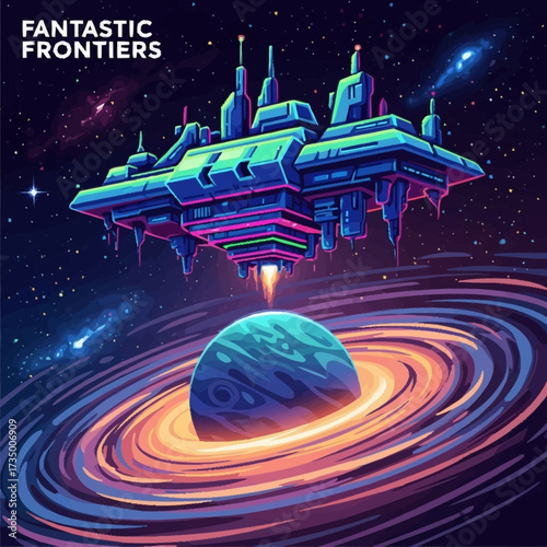 Pixel art futuristic base above a swirling planet space backdrop retrodigital feel