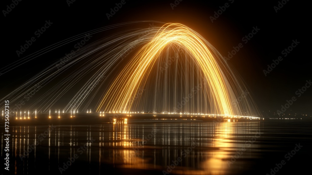 Naklejka premium Glowing Orange Particle Arc Forming Soft Bridge on Dark Background
