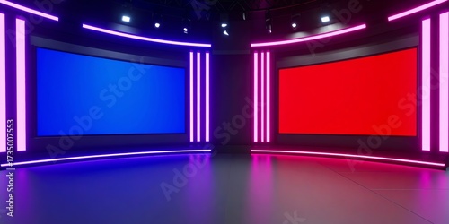 illustration of a studio, game show, news room setting, two red and blue screens