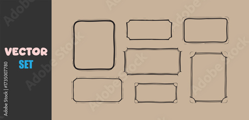 Hand drawn rough outline frames and borders on kraft paper background