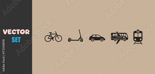Vector set of transportation icons including bicycle scooter car bus and train