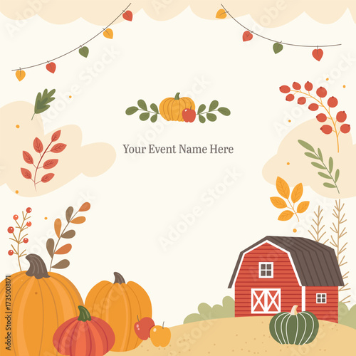 Autumn farm illustration with pumpkins, apples, red barn, autumn leaves, and rolling hills. Seasonal template with background space