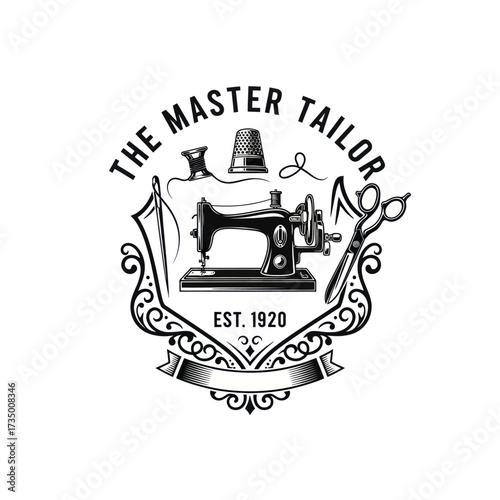 Vintage emblem featuring sewing tools, including a machine, scissors, thimble, and thread, with the text 'The Master Tailor'.