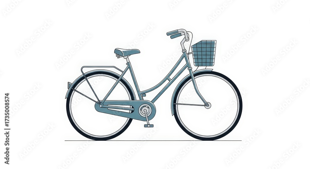 Fototapeta premium A side profile illustration of a classic light blue step-through bicycle with a front basket and rear rack on a white background.