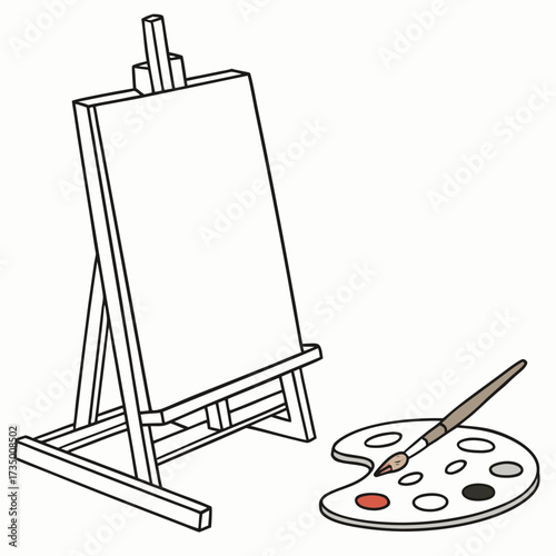 A blank canvas on an easel with a paintbrush and paint palette ready for artistic creation and inspiration