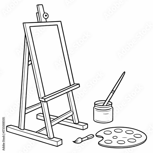 Simple black and white line drawing of an artist s easel with a blank canvas paint palette and brushes ready for creativity