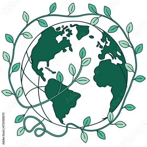 Green earth with growing vines and leaves symbolizing nature and environmental protection