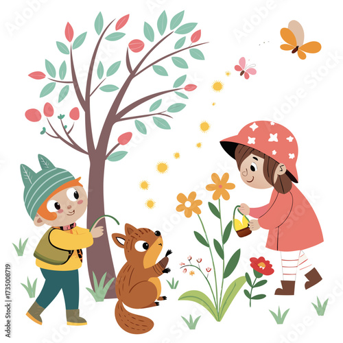 Two happy children and a squirrel enjoying a sunny day in a garden with blooming flowers and butterflies