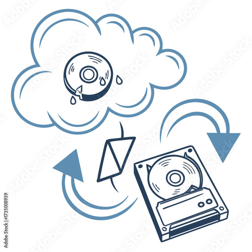 Conceptual illustration of data backup and recovery from a cloud to a hard drive with a damaged disc symbol