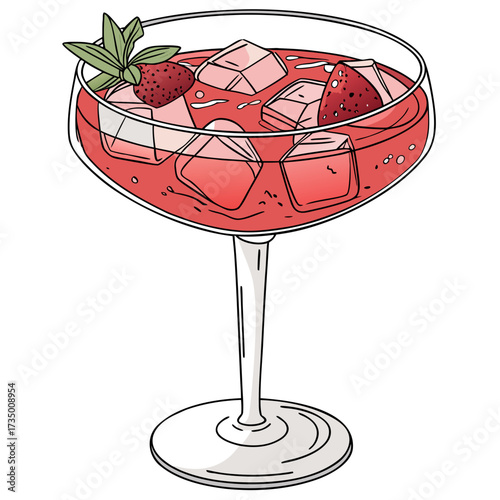 Refreshing strawberry cocktail with ice cubes and mint garnish in a coupe glass perfect for summer drinks and celebrations
