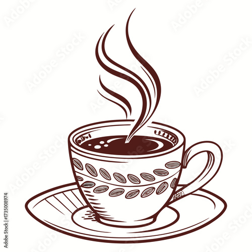 A steaming cup of coffee with decorative coffee beans on the mug sits on a saucer isolated on white background