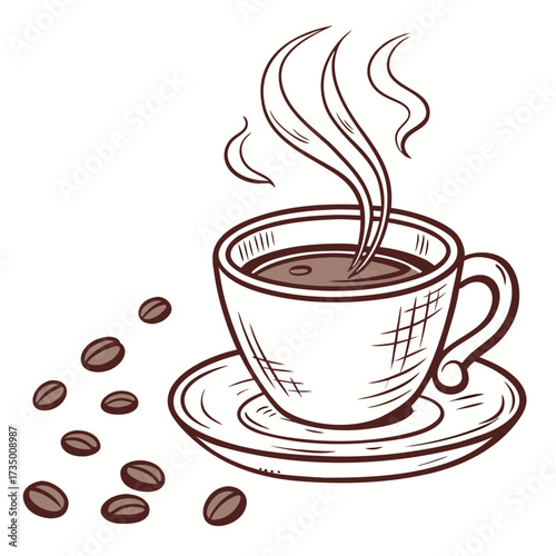 A charming hand drawn illustration of a steaming cup of coffee with scattered coffee beans on a white background representing morning refreshment and energy