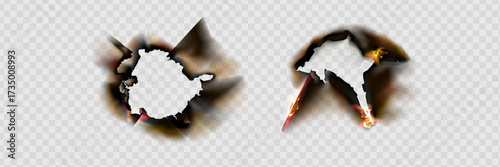 Burnt paper edges with fire and black ash. Vector realistic set of borders and frames from burnt and smoldering sheets of paper