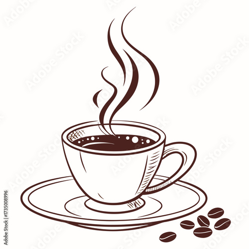 A steaming cup of hot coffee with coffee beans on a saucer presented in a simple line art style