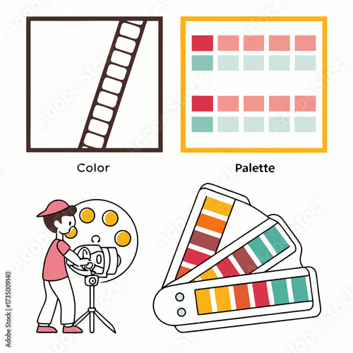 Creative concepts for film production and design including color palettes and a filmmaker with equipment