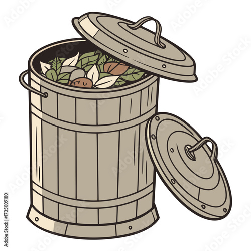 A wooden compost bin overflowing with garden waste including leaves and twigs with its lid ajar