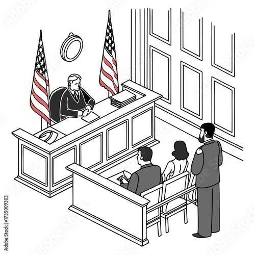 A judge presides over a courtroom with american flags and a jury box filled with observers