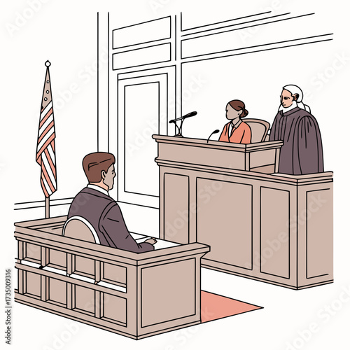 Illustration of a courtroom scene with a judge a witness and an american flag depicting a legal proceeding