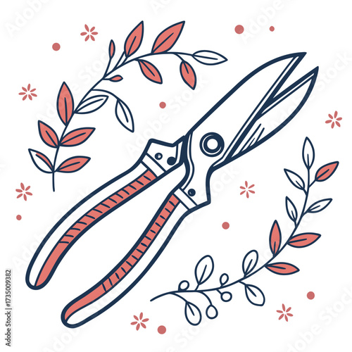 A charming hand drawn illustration of garden shears surrounded by delicate floral branches and small dots