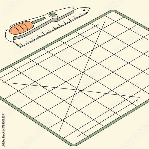A craft utility knife with a ruler edge rests on a gridded cutting mat with intersecting lines