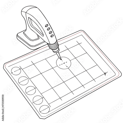 Close up perspective of a precision applicator tool dispensing liquid onto a grid surface with circular markings