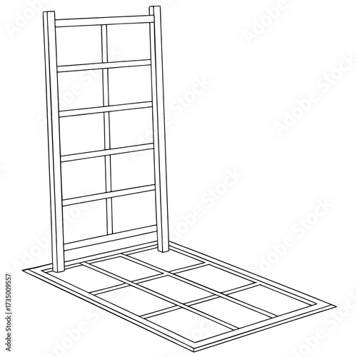 Simple line drawing of a wooden trellis structure with a base and vertical support for climbing plants in a garden setting