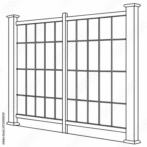 Architectural drawing of a modern fence with vertical and horizontal bars creating a grid pattern for outdoor privacy and design