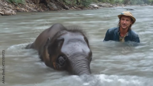 Man and Young Elephant Bathing in a Jungle River