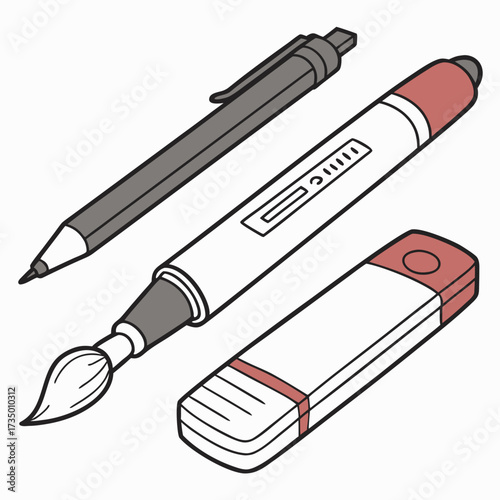 Stationery items including pen, marker and eraser