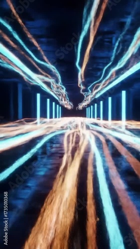 Abstract digital tunnel with glowing lines and futuristic design.