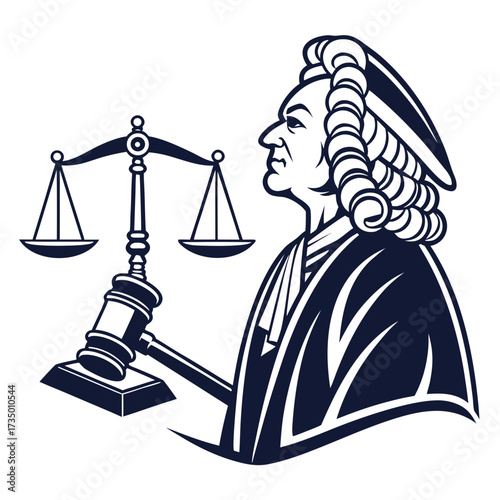 Judge with wig holding scales and gavel