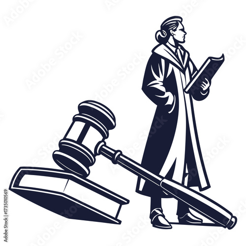 Judge reading a book with gavel, law concept