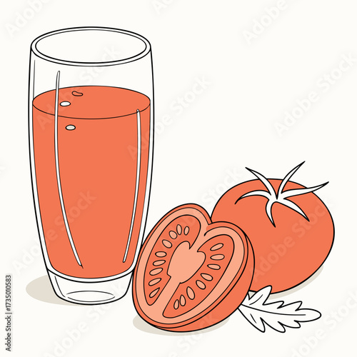 Illustration of tomato juice with sliced tomatoes