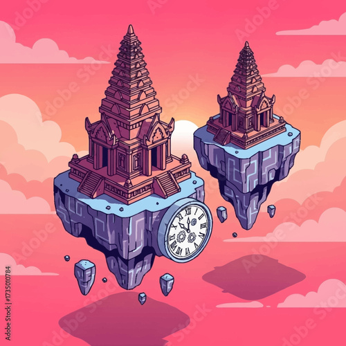 Two templetopped floating islands one with a clock set against a sunset sky with stylized clouds in a pixel art style