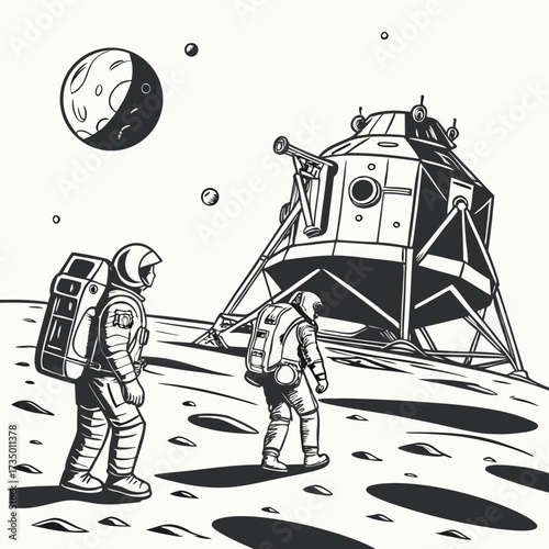 Astronauts explore the moon surface near the lunar module