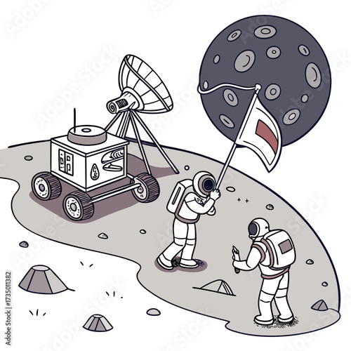 Astronauts exploring the moon surface with rover and satellite dish