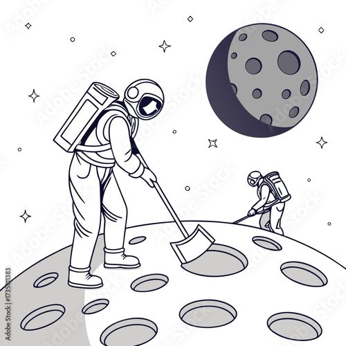 Astronauts collect samples on the moon surface