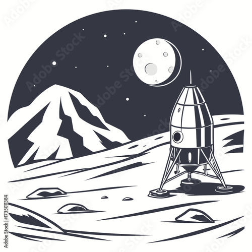 Lunar lander on the moon surface with mountain and stars