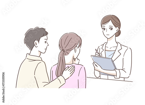 女性医師に相談中、泣き出す若い夫婦のイラスト素材