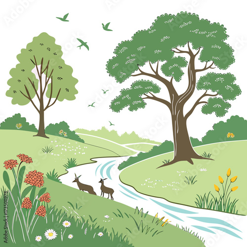 Picturesque riverside landscape with deer grazing and birds flying above, idyllic scene
