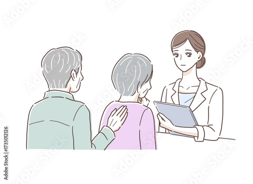 女性医師に相談中、落ち込むシニア夫婦のイラスト素材