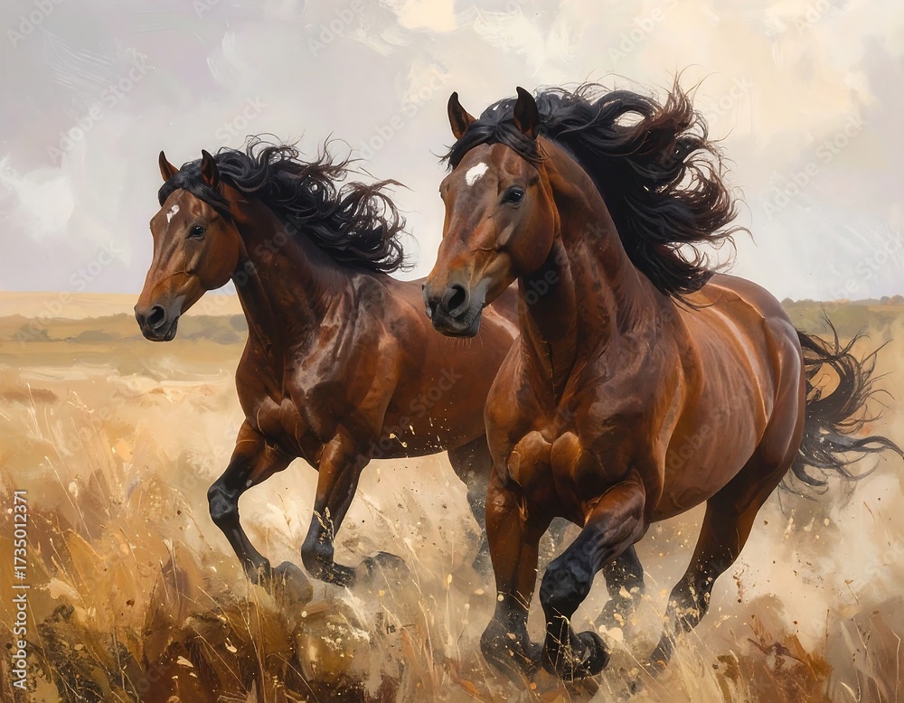 Fototapeta premium Two brown horses galloping in a field