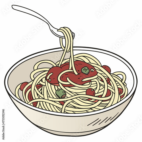 Bowl of spaghetti with tomato sauce and fish