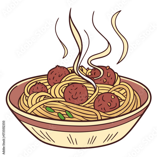 Illustration of a bowl of spaghetti with meatballs