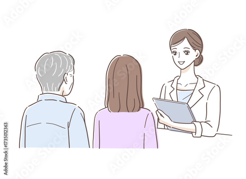 女性医師に説明を受ける親子のイラスト素材