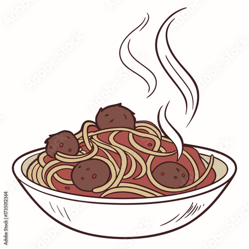 Illustration of a bowl of spaghetti with meatballs and sauce