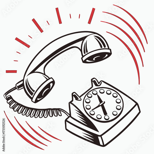 Illustration of a ringing rotary phone with red accents isolated on white