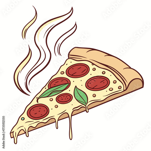 A slice of pepperoni pizza with basil and steam