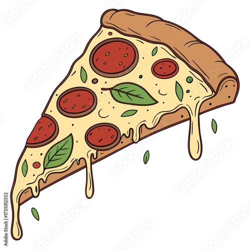 A slice of pepperoni pizza with basil