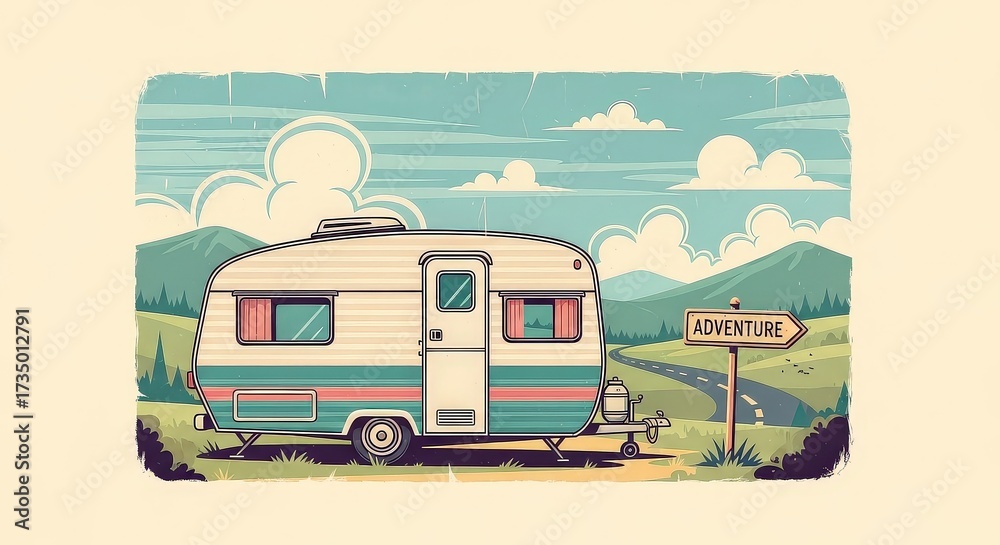 Obraz premium A retro camper trailer parked in a scenic mountain landscape with a road sign pointing towards adventure.